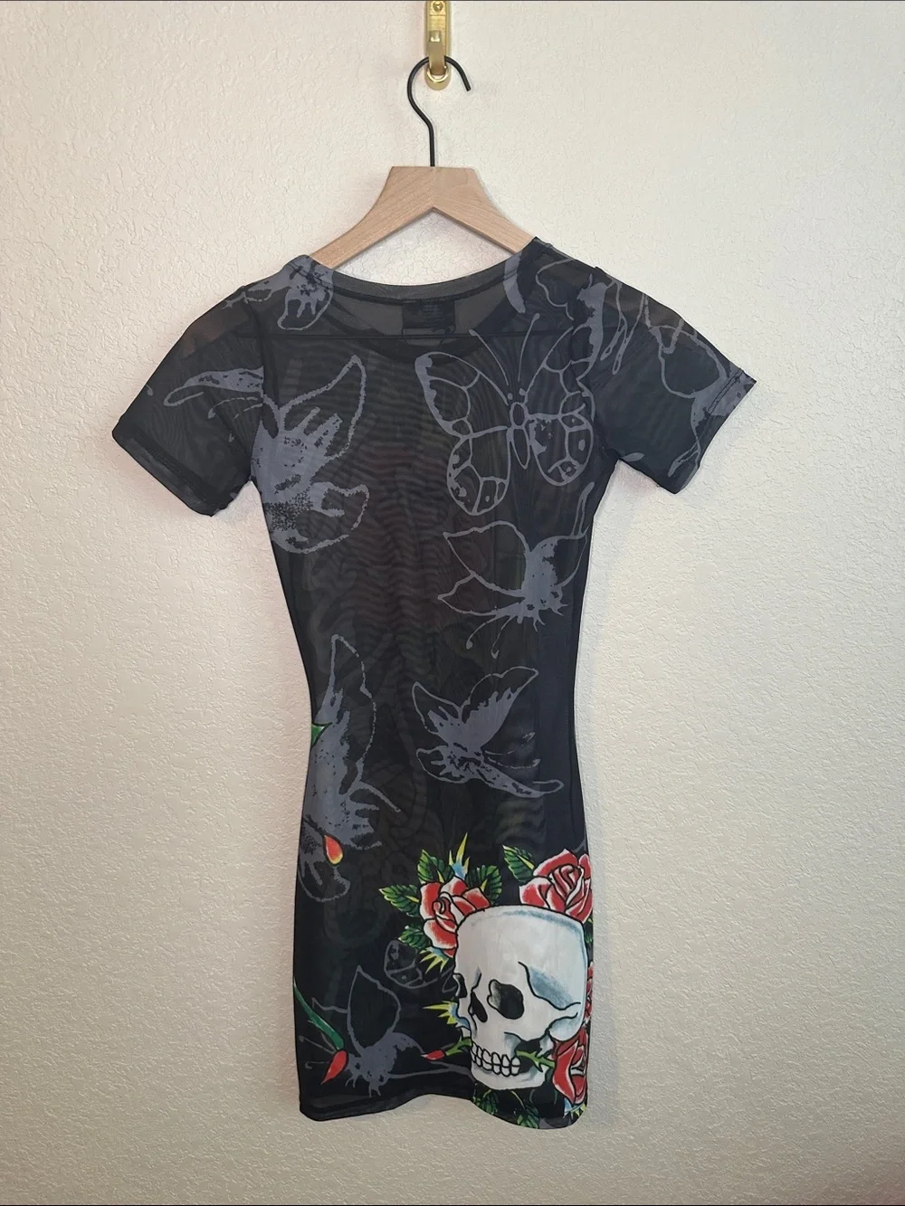 NWT Ed Hardy Black Mesh Swim Cover Up Dress Tattoo Graphic Sz L